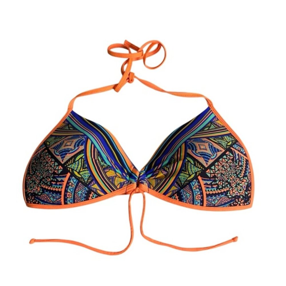 Eidon Women's Neon Orange Patterned Halter Bikini Top